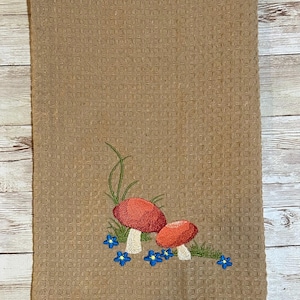 Embroidered Red Woodland Mushrooms with Blue Flowers on Lightweight White or Beige Tan Kitchen Waffle Weave Cotton Dish Towels Dishtowels