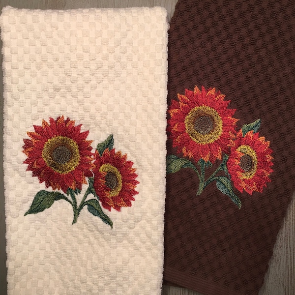 Embroidered Autumn Red Fall Sunflowers White, Ivory Cream, Gray, Brown, Black & Navy Blue Kitchen Waffle Terry Cotton Hand Tea Dish Towels