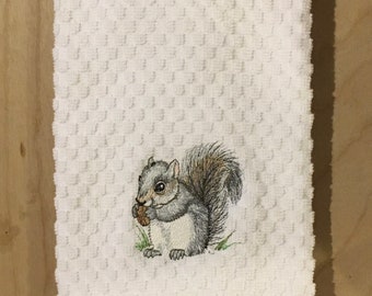 Embroidered Gray Squirrel Baby on White, Ivory, Gray, Brown, Black, or Red Kitchen Waffle Weave Terry Cotton Hand Dish Towels Dishtowels