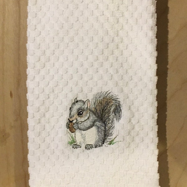 Embroidered Gray Squirrel Baby on White, Ivory, Gray, Brown, Black, or Red Kitchen Waffle Weave Terry Cotton Hand Dish Towels Dishtowels