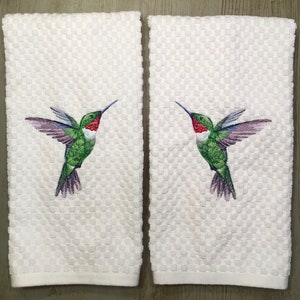 Set 2 Embroidered Ruby Throated Hummingbirds Kitchen Waffle Weave Terry Cotton Hand Dish Towels White, Ivory, Gray or Red