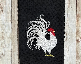 刺繍入りファンシーホワイトバロック風雄鶏柄、ブラックテリーのキッチンワッフル織りコットンハンドディッシュタオル、サイド吊り下げループ付き