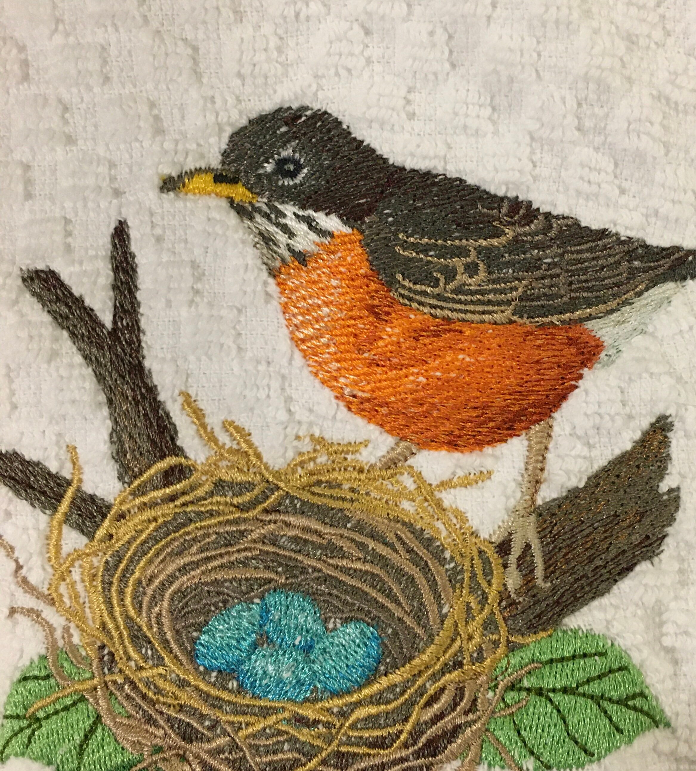 Embroidered American Robin Bird White Kitchen Terry Waffle Weave