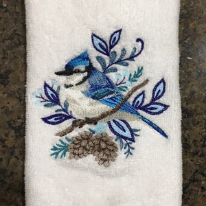 Embroidered Blue Jay Bird Pine Cones Wintery Blue Colors Velour or Terry Winter White, Gray, or Indigo Blue Cotton Fingertip Bathroom Towel