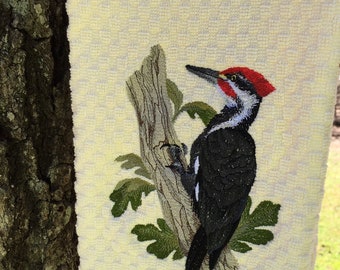 Embroidered Pileated Red & Black Woodpecker Bird White, Ivory, Tan, Gray, Brown Kitchen Waffle Weave Terry Cotton Hand Dish Towel Dishtowel