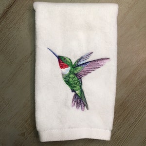 Embroidered Ruby Throated Hummingbird on Your Choice of White Velour or Terry Cotton Fingertip Bathroom Towel