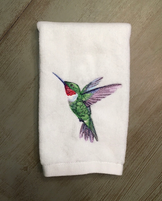 Embroidered Ruby Throated Hummingbird on Your Choice of White Velour or Terry Cotton Fingertip Bathroom Towel