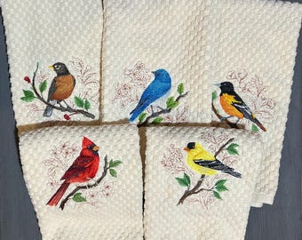 Embroidered Set Birds Cardinal, Goldfinch, Bluebird, Robin, Oriole on Ivory or White Kitchen Waffle Weave Terry Cotton Hand Dish Towels