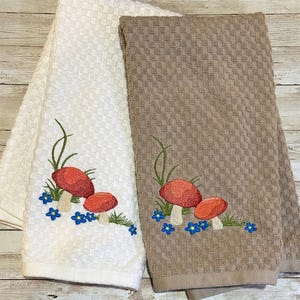 Embroidered Red Woodland Mushrooms with Blue Flowers on 10 Color Choices Kitchen Waffle Weave Terry Cotton Hand Dish Towel
