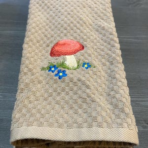 Embroidered Red Woodland Mushroom with Blue Flowers Tan Kitchen Waffle Weave Terry Cotton Hand Dish Towel
