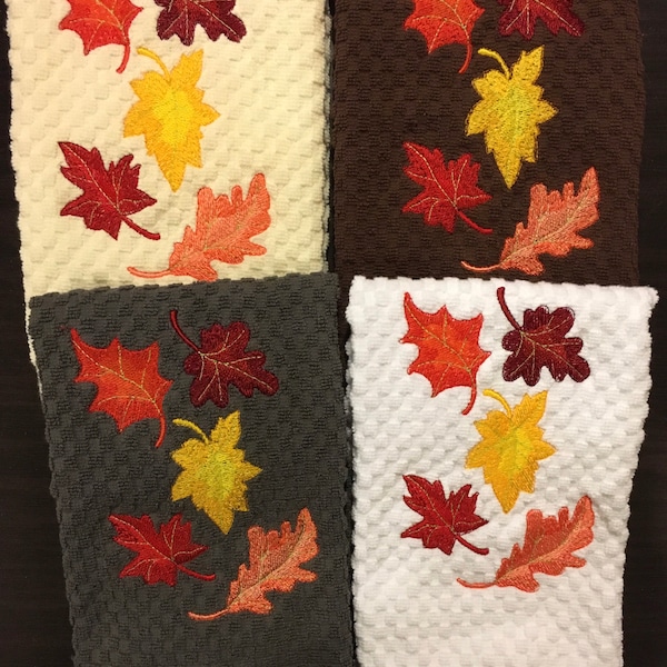 Embroidered Autumn Fall Red Yellow Orange Leaves on Ivory, White, Brown, Gray, or Black Kitchen Cotton Terry Waffle Weave Hand Dish Towel