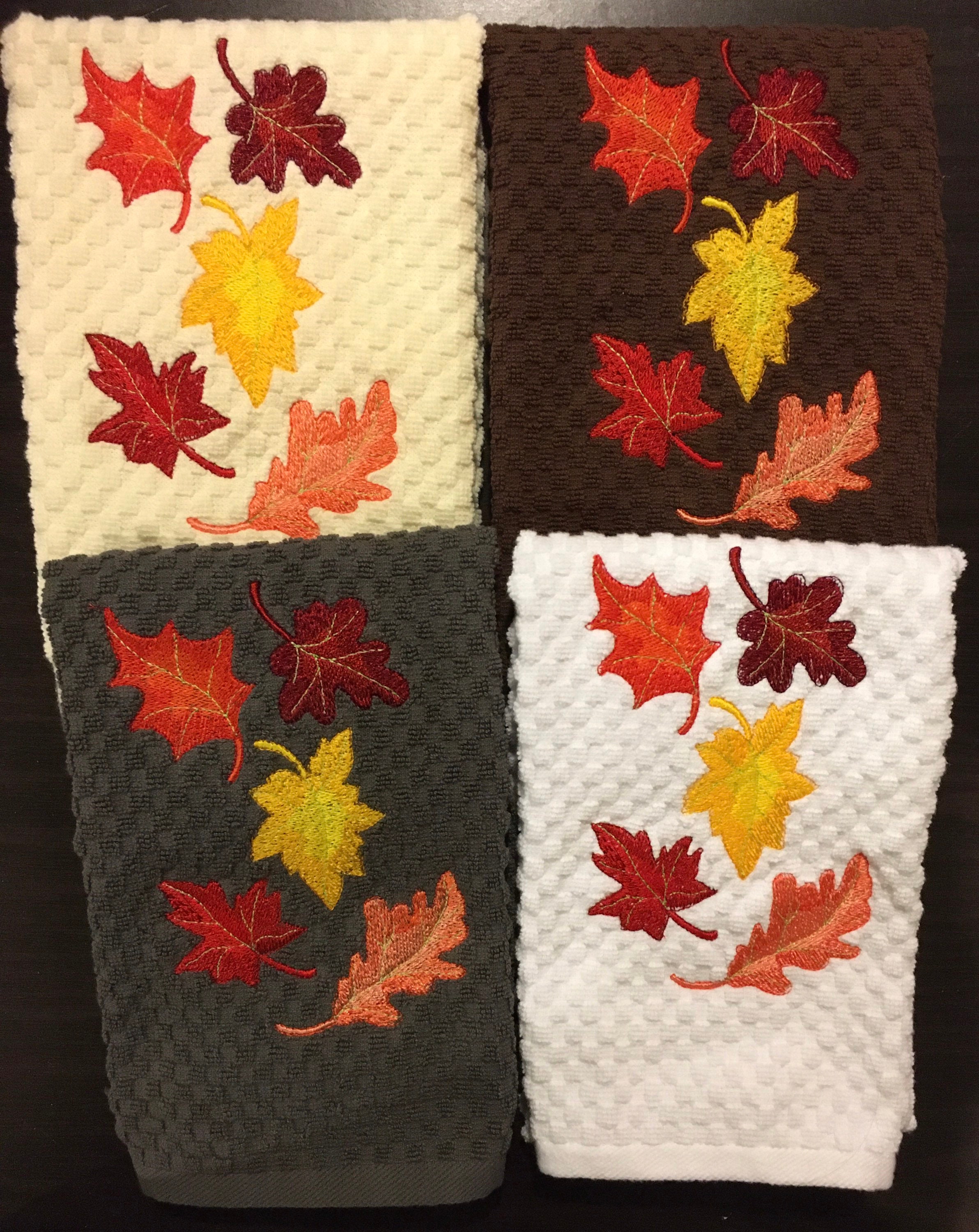 Embroidered Autumn Fall Leaves Leaf White Cotton Terry Kitchen
