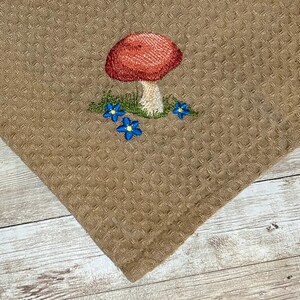 Embroidered Red Woodland Mushroom with Blue Flowers on Lightweight White or Beige Tan Kitchen Waffle Weave Cotton Dish Towels Dishtowels
