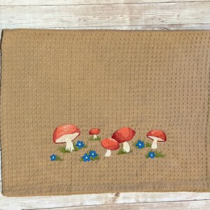 Embroidered Row of Red Woodland Mushrooms Blue Flowers on Lightweight White or Beige Tan Kitchen Waffle Weave Cotton Dish Towels Dishtowels