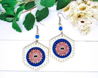 White Blue Hexagon Leather Earring With Wooden Button, Stylish Multicolor Handmade Jewelry For Women, Dangle Modern Everyday Earring For Her