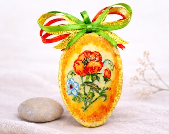 Hand Painted Floral Easter Egg Ornament, Unique Handmade Artisan Spring Hanging Decor