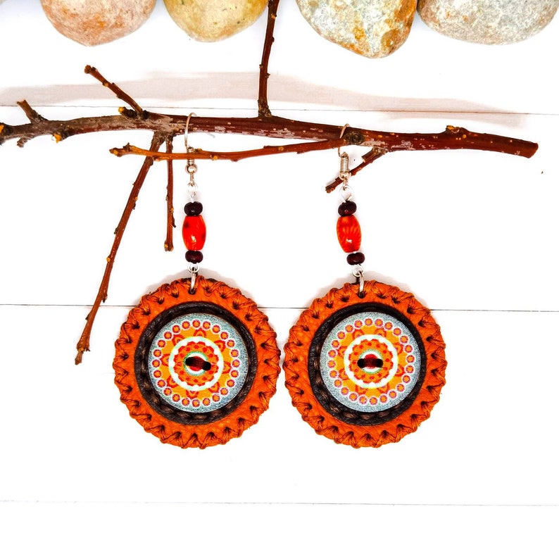 Camel Brown Dangle Stylish Leather Earrings For Women, Mandala Earrings With Wooden Buttons For Her, Everyday Round Handmade Jewelry For Her image 6