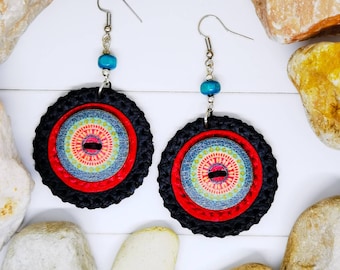 Black Red Round Leather Earrings With Wooden Buttons,Stylish Multicolor Handmade Jewelry For Women's,Dangle Modern Everyday Earrings For Her