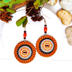 Camel Brown Dangle Stylish Leather Earrings For Women, Mandala Earrings With Wooden Buttons For Her, Everyday Round Handmade Jewelry For Her image 3