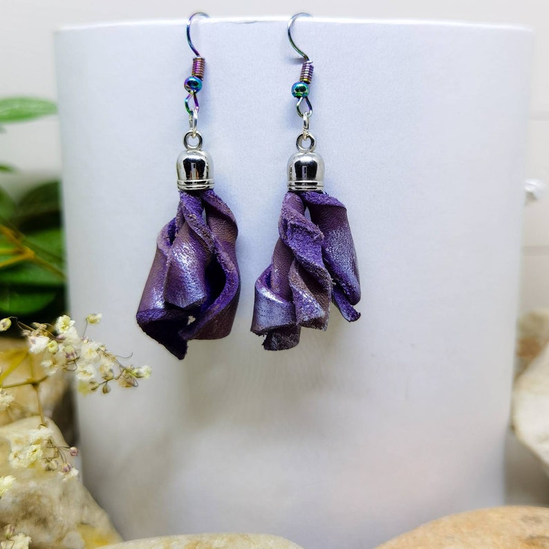 Purple Silver Minimalist Leather Earrings For Women,Abstract Shape Earrings For Her,Modern Handmade Jewelry For Ladies,Everyday Gift Ideas image 7