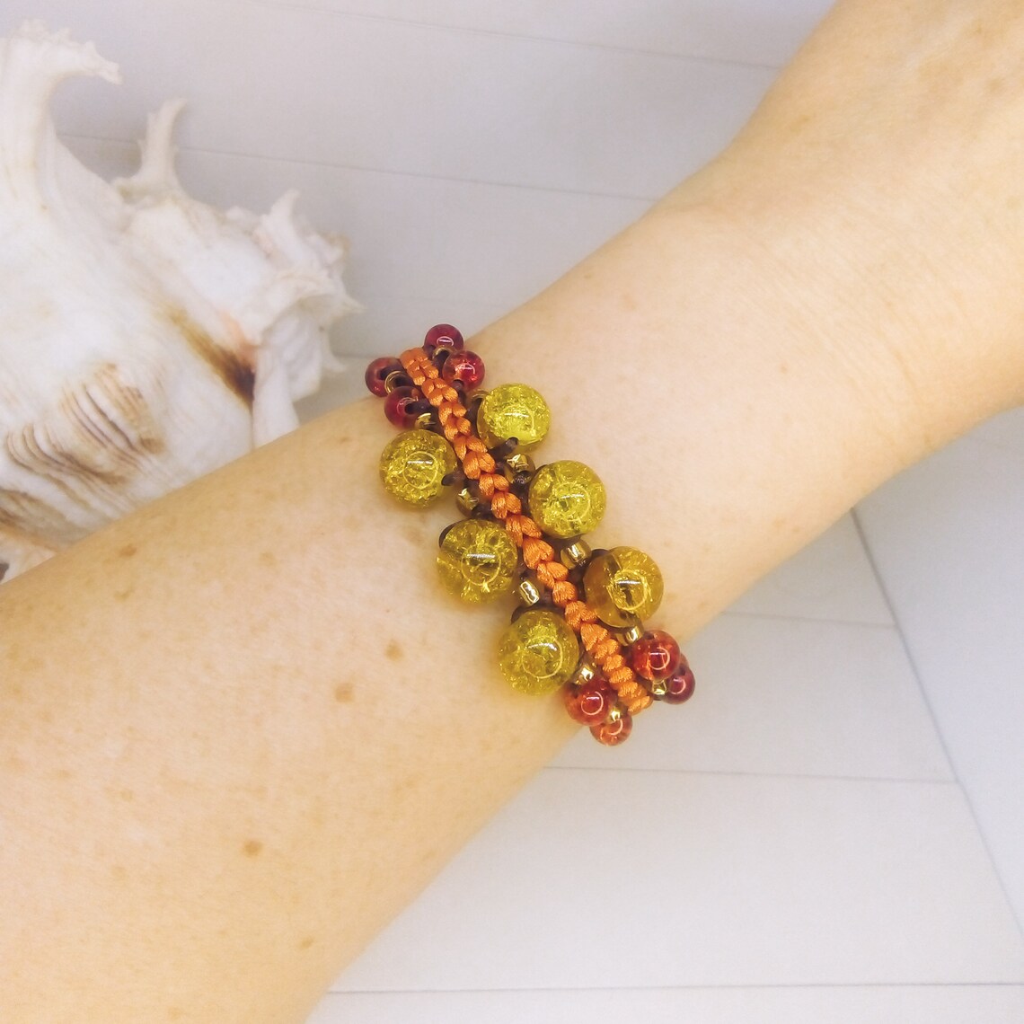 Handmade Kumihimo Glass Beads Bracelet for Her,unique Yellow Orange