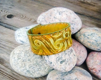 Gold Genuine Leather Tooled Bracelet With Green Ornaments,Unique Hand Painted Leather Cuff For Women,Hand Sewed Cuff,Handmade Ideas for Her