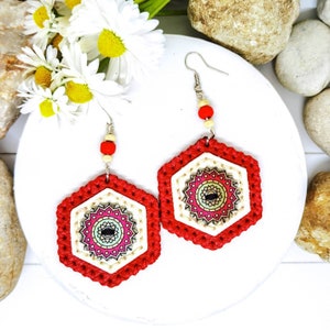 Handmade Leather Mandala Earrings: Red White Boho Hexagon Jewelry