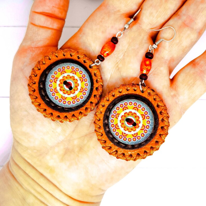 Camel Brown Dangle Stylish Leather Earrings For Women, Mandala Earrings With Wooden Buttons For Her, Everyday Round Handmade Jewelry For Her image 10