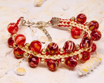 Red Glass Flower Beaded Kumihimo Bracelet For Women,Braided Multicolored Jewelry For Her,Original Handmade Gift Idea For Ladies,Stylish Gift