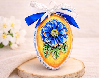 Huevo de Pascua pintado a mano, flor de porcelana fría, adorno floral azul, regalo de decoración de lujo hecho a mano