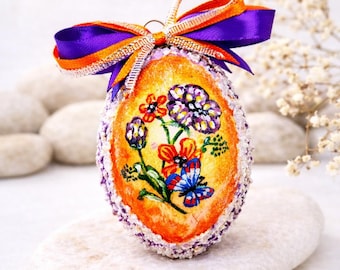 Hand Painted Floral Easter Egg Ornament, Handmade Unique Spring Butterfly Decor