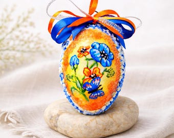 Hand Painted Easter Egg Ornament, Spring Floral Butterfly Decor, One of a Kind