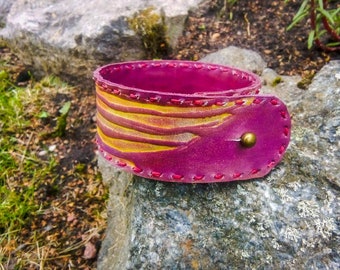 Tooled Purple Leather Men's Cuff Bracelet With Yellow Wing,Hand Painted Unique Cuff for Men,Hand Sewed Gift Ideas for Him,Gift Ideas For Men