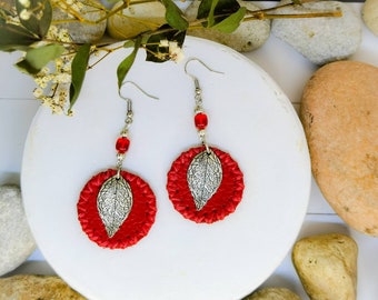 Red Round Leather Earrings With Antique Silver Leaves Charms, Stylish Handmade Jewelry For Women's, Dangle Modern Everyday Earrings For Her