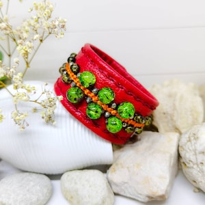 Handmade Red Leather Kumihimo Bracelet: Green Quartz Beaded Cuff