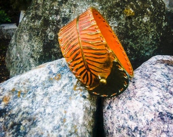 Orange-Green Hand Sewed Men's Leather Bracelet With Feather,Hand Painted Tooled Leather Cuff for Men,Unique Handmade Gift Ideas for him