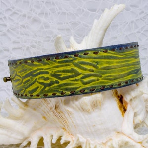Handcrafted Leather Cuff Bracelet: Embossed Wing Grain, Rustic Blue & Beige