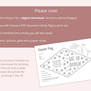 May include: Printable Easter flag craft for kids. The black and white design features a diamond-shaped flag with the words "He is Risen" and a Bible verse. Instructions for making the flag are included.