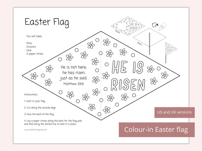 May include: A printable Easter flag craft for kids. The flag is shaped like a diamond and features the text "He is Risen" with a floral design. Instructions for coloring, cutting, and assembling the flag are included.