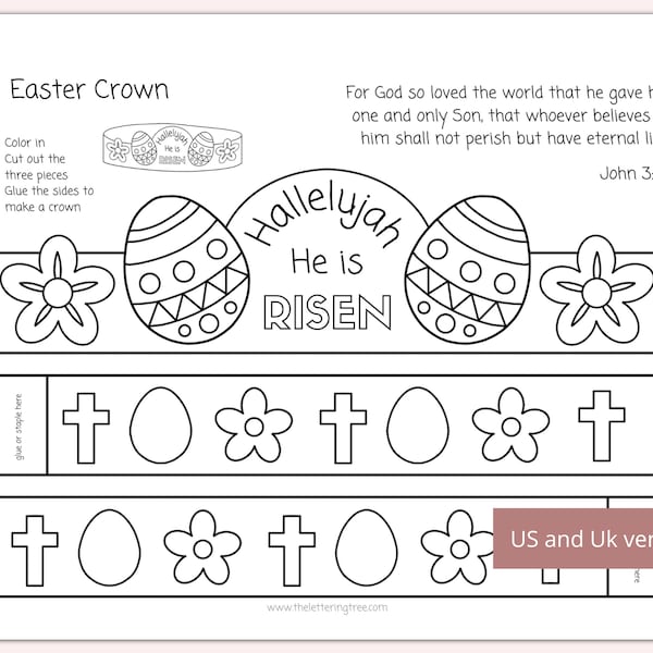 Ausdruckbare Osterkrone | Osterbibel Basteln für Kinder | Er ist färbend | Sonntagsschulaktivität | Kinder Ausmalen | Bibel Vers Färbung