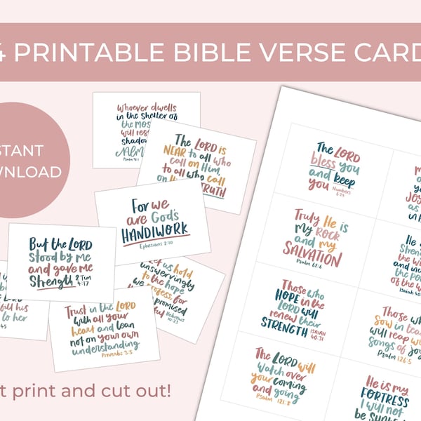 24 Bible verse cards | Printable scripture cards | Encouraging Bible verse cards | Memory verse cards | Hand lettered Bible quote cards