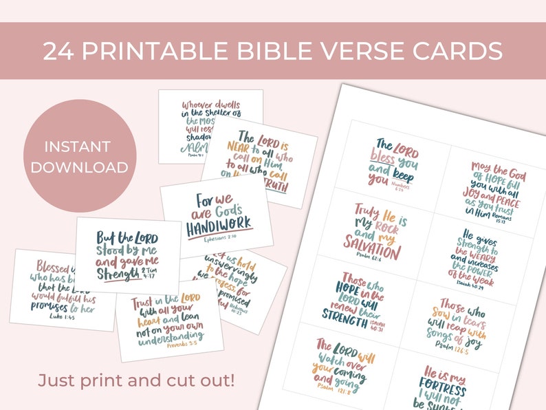 24 Bible verse cards Printable scripture cards Encouraging Bible verse cards Memory verse cards Hand lettered Bible quote cards image 1