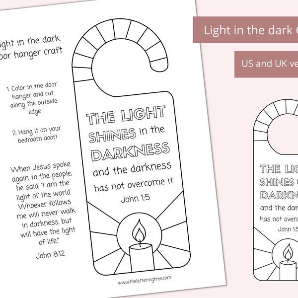 Printable Bible Verse Craft | Light in the dark door hanger | Sunday school activity | Christmas craft | Advent coloring