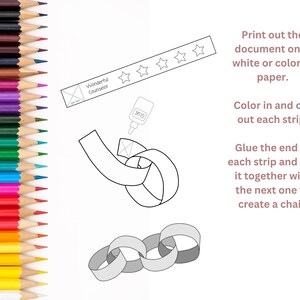 May include: A colorful array of sharpened pencils lines the left side of the image. The right side features instructions for a paper chain craft, including text and illustrations of the chain links, glue, and a banner that says "Wonderful Counselor."
