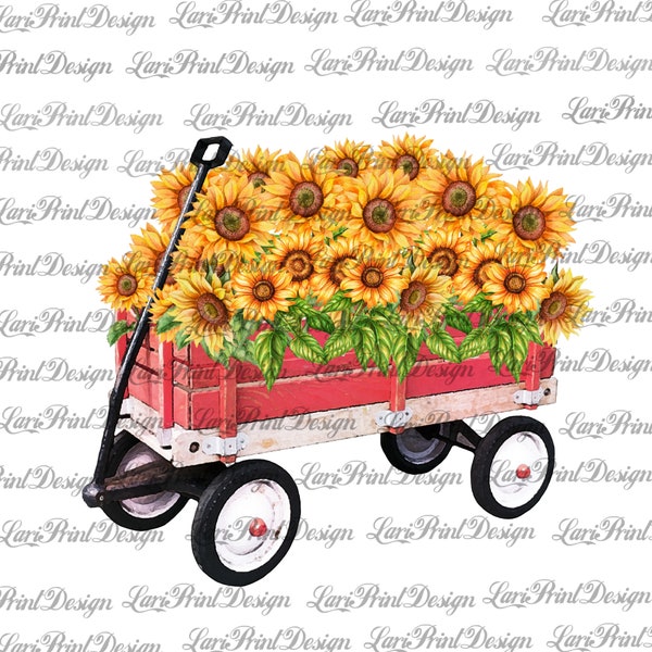 Red Wagon met Zonnebloemen sublimatie ontwerp, sublimatie graphics, instant download, aquarel, digitaal ontwerp, png, clipart, rode wagen