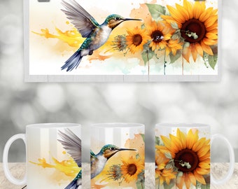 11 Oz & 15 Oz watercolor sunflower hummingbird mug wrap template digital download sublimation graphics instant download sublimation png