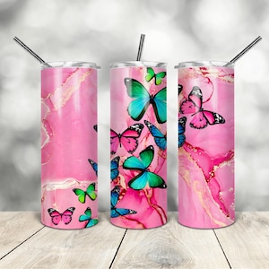 20 Oz Skinny Tumbler Pink Butterfly Wrap Tapered Straight - Etsy