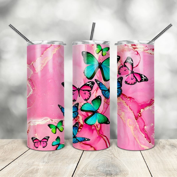20 Oz skinny tumbler pink butterfly wrap tapered straight template digital download sublimation graphics  instant download  sublimation