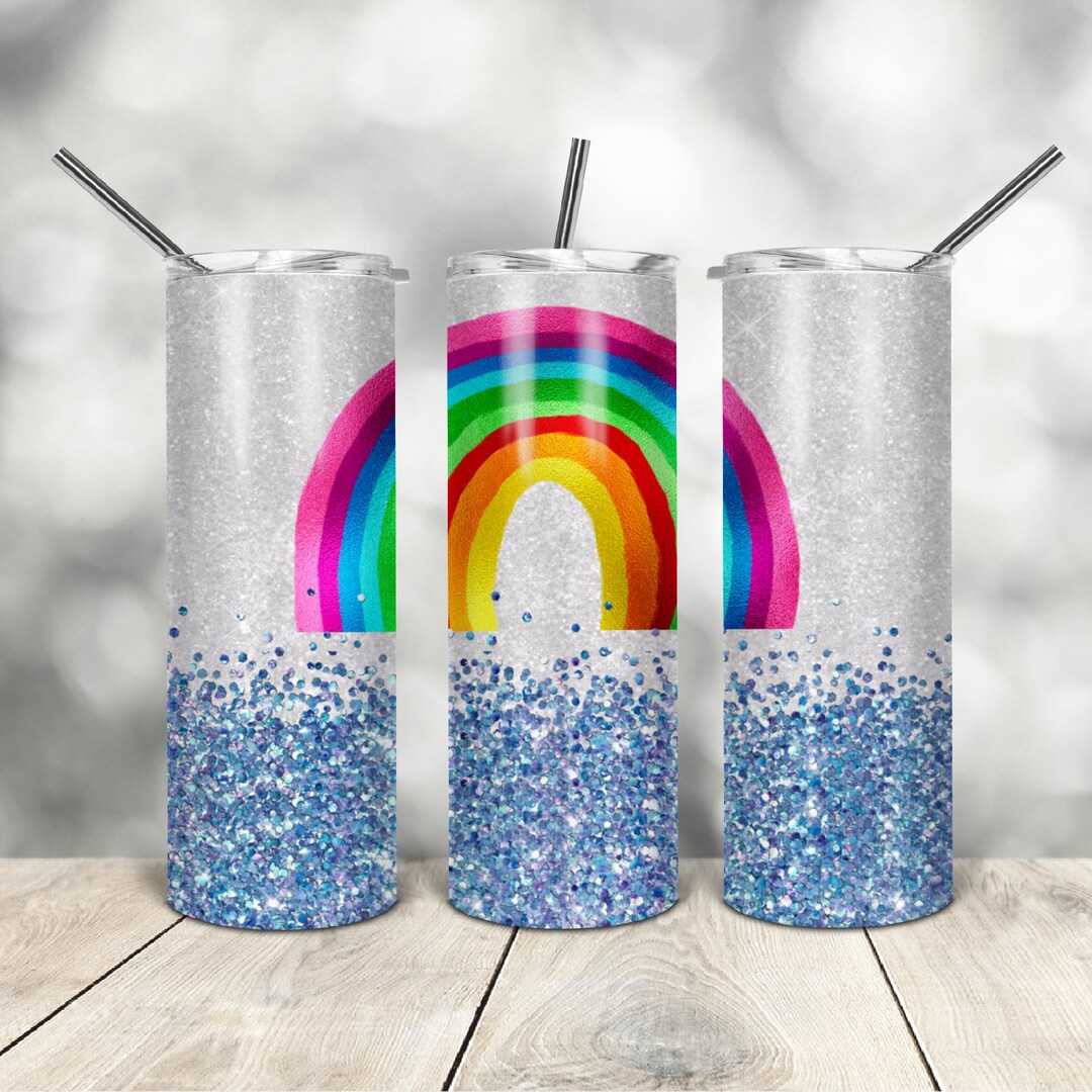 20 Oz Skinny Tumbler Blue Glitter Rainbow Wrap Tapered Straight ...