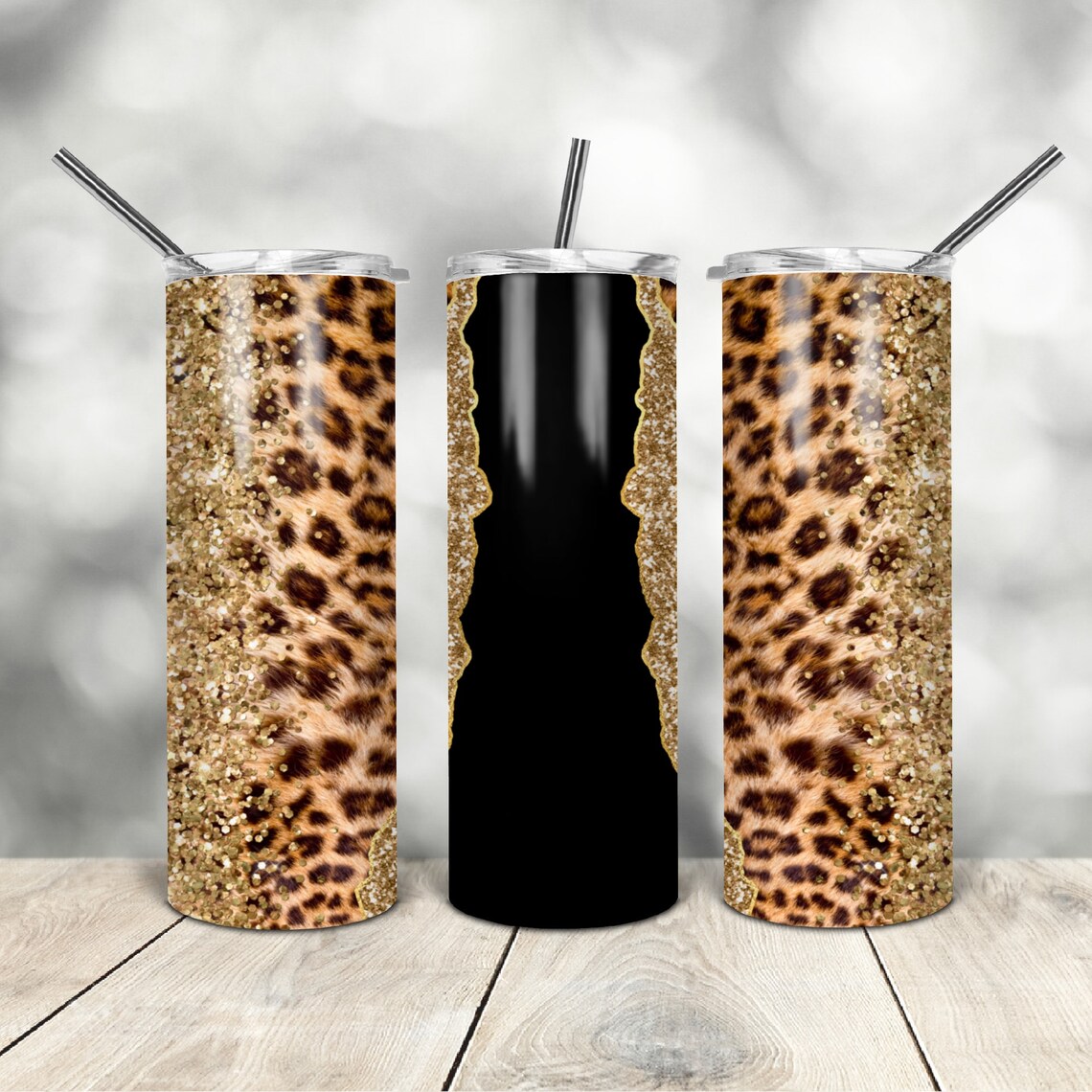 20 Oz Skinny Tumbler Leopard Black Glitter Wrap Tapered Straight ...